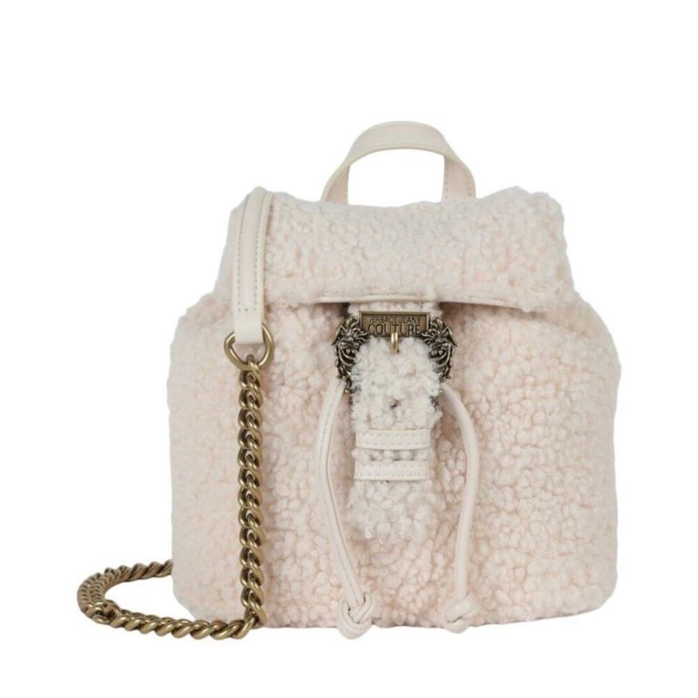 NWOT Versace Jeans Couture Faux Shearling Convertible Mini Backpack Cream & Gold
